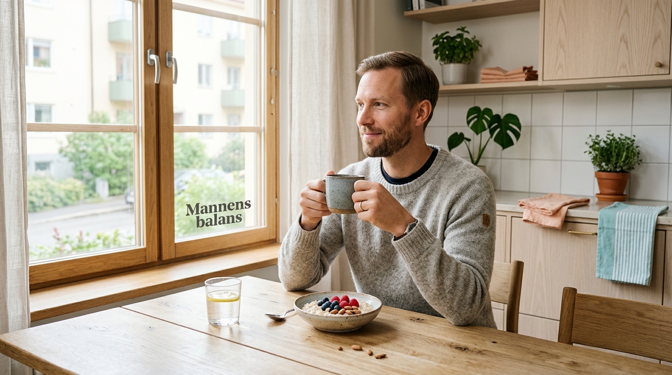 Skandinavisk man som njuter av en lugn frukost i ett ljust kök med bär och te