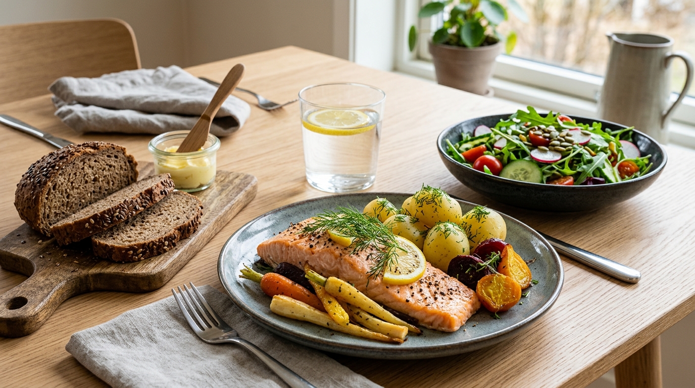 Tallrik med lax, potatis, dill och färgglada rotfrukter