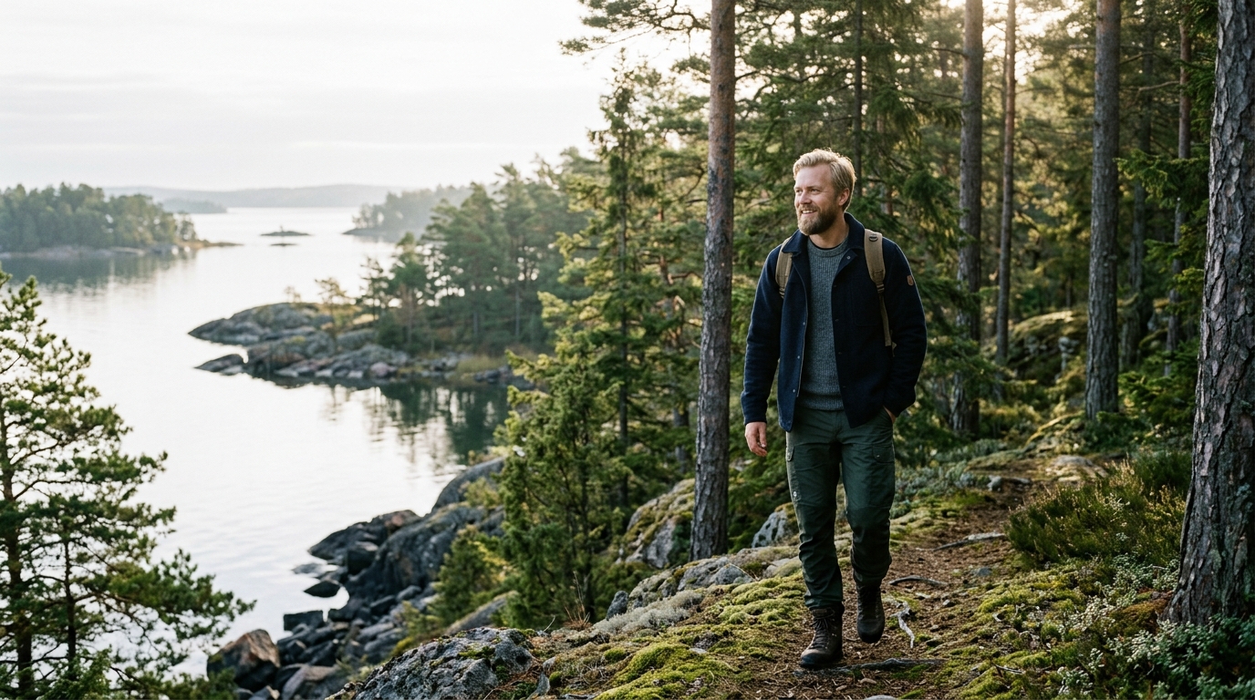 Man som vandrar längs kusten i svensk skog